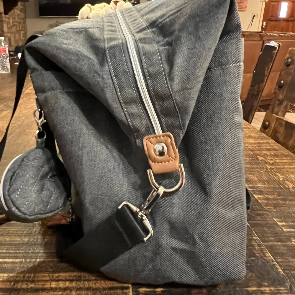 Large Gray Baby Diaper Bag Tote with Tassel Accent